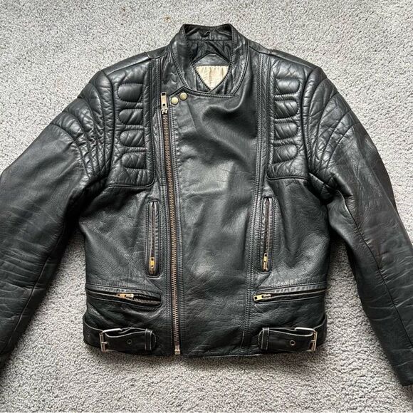VINTAGE BERMAN'S BLACK LEATHER MOTORCYCLE JACKET Men Sz 38 Preowned - Picture 2 of 12